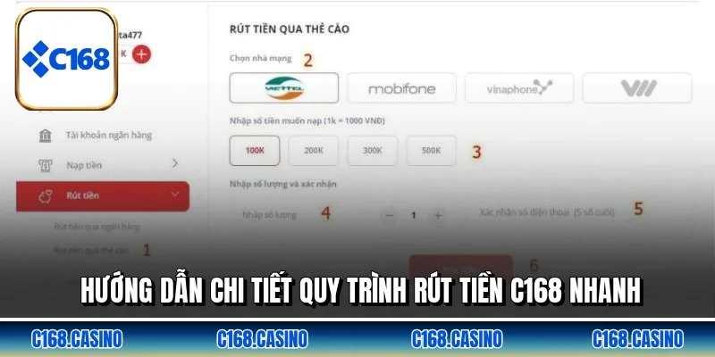 Hướng dẫn chi tiết quy trình rút tiền C168 nhanh